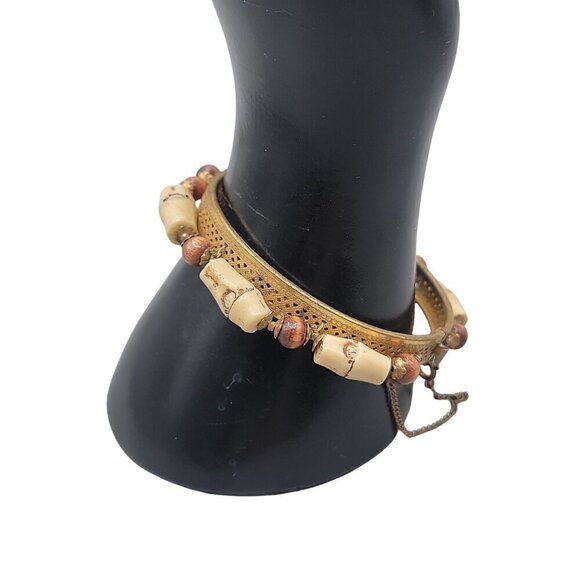 Miriam Haskell Rare Hinged Clamper Bangle Bracelet Resin Bamboo Wood Beads 6.5" - Picture 1 of 14